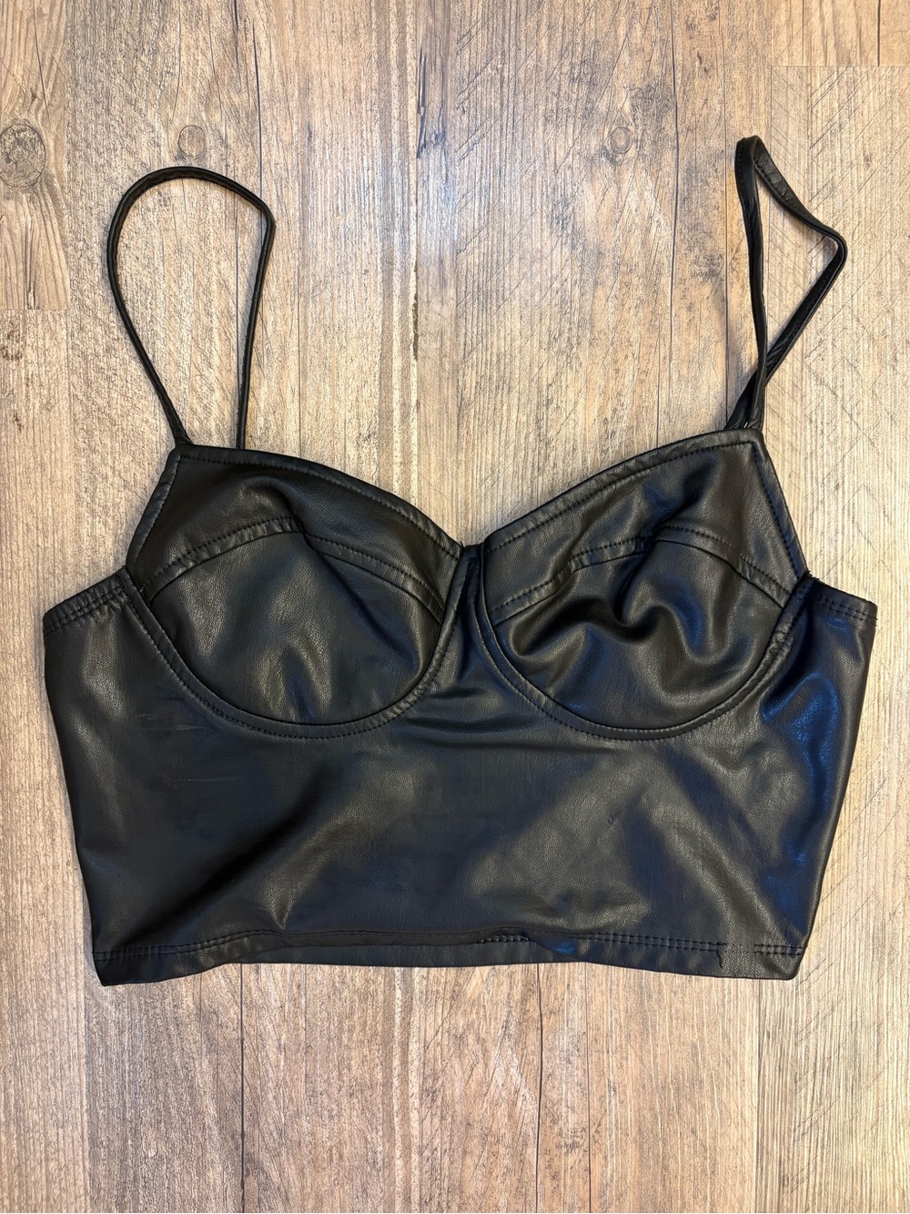 iris Black Faux Leather Bandeau Bralette with Thin Straps